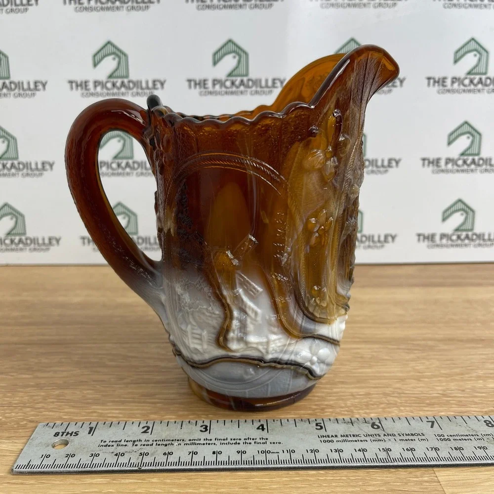 Imperial Glass Chocolate Slag Windmill Pitcher Brown White Marbled Vintage 5.5in